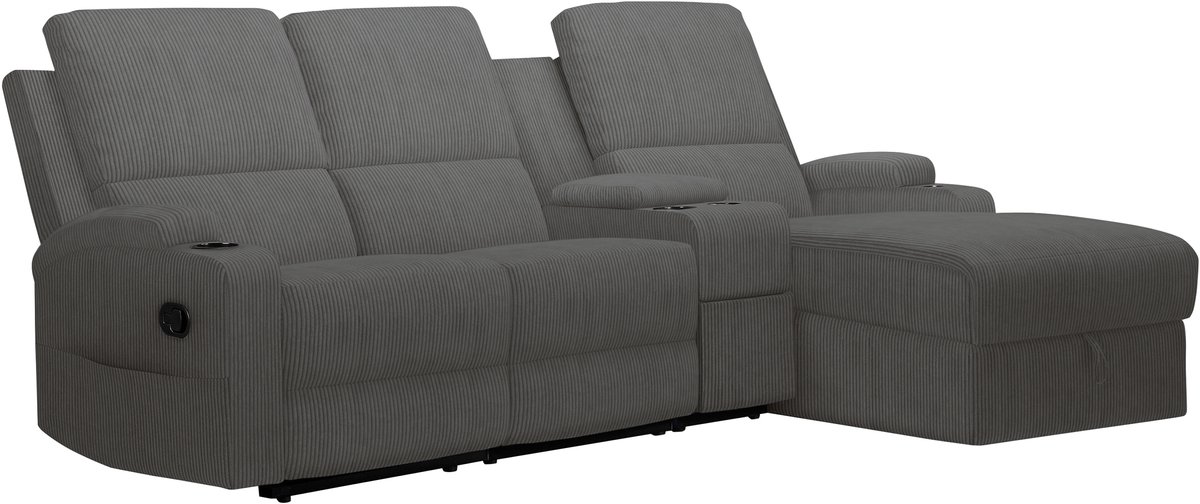 Notio Living DALLAS-Bank 3-zitter met opbergchaise rechter manuele relaxstoel in cordury antraciet Grijs