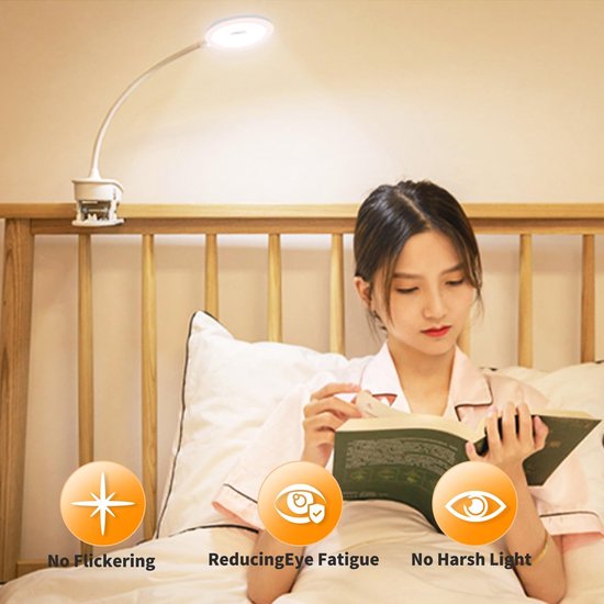 Leeslamp Boekenklem-1 Stuk - LED Studie Clip Lamp - Oplaadbare Opvouwbare Boekenhouders En Bedlamp - Wit - 3 Lichtkleuren Dimbaar - 1200mAh van Merkloos — afbeelding 3