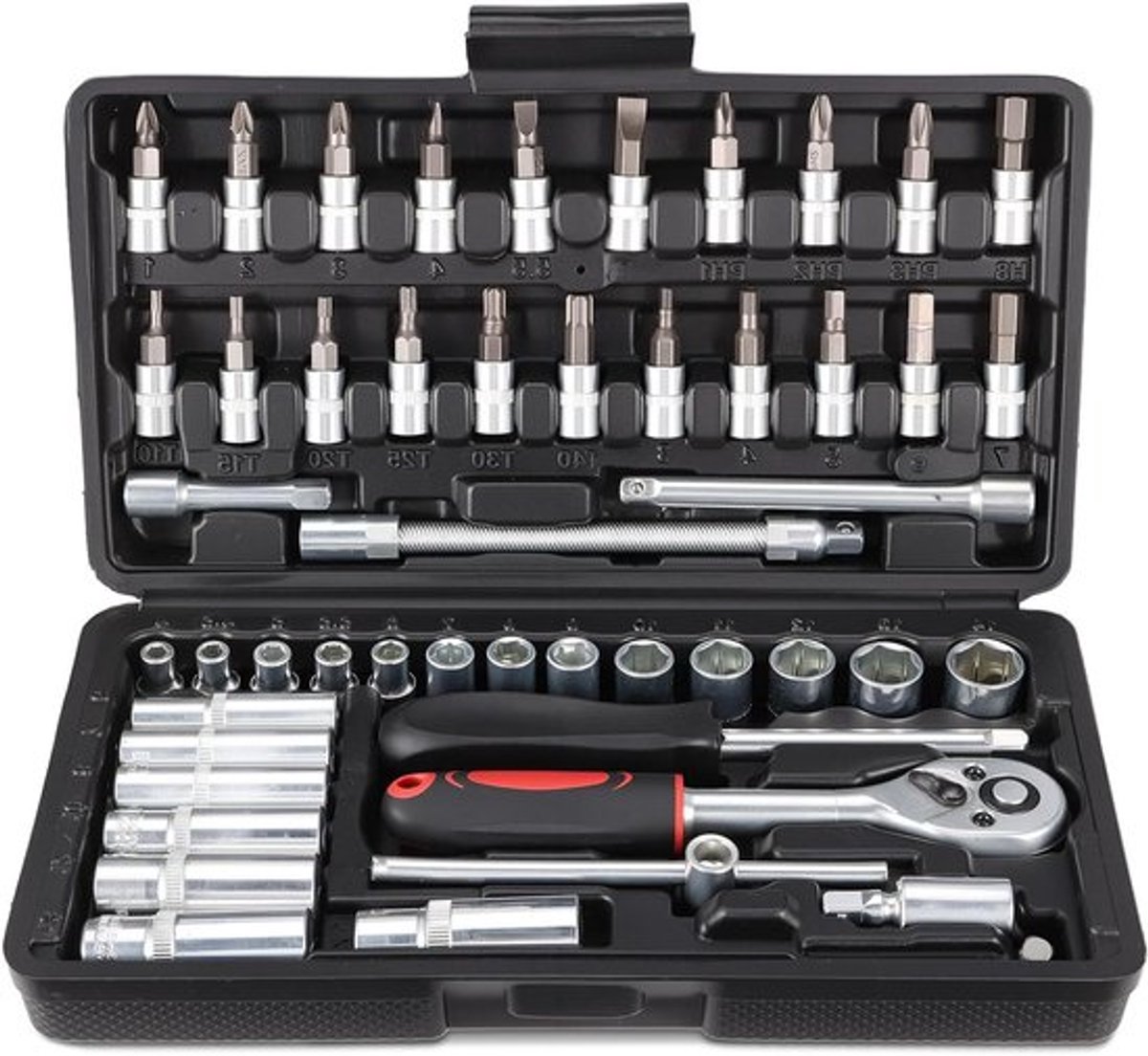 Complete set dopsleutels en bits met ratel, 53-delig, 1/4 inch, 72 tanden, handige opbergkoffer.