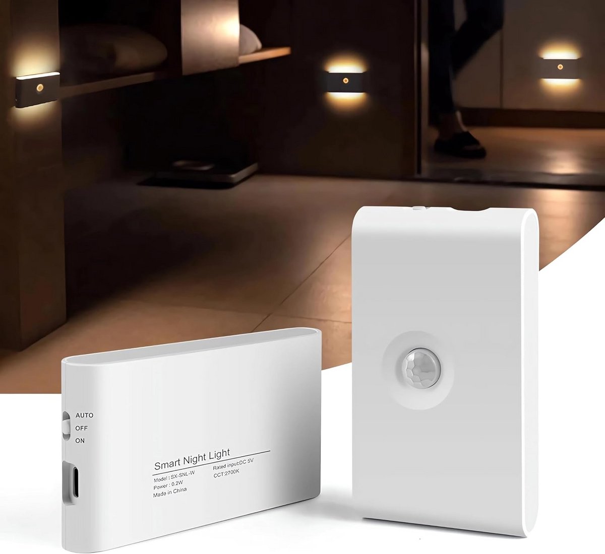 Oplaadbare LED Nachtlampjes met Bewegingsmelder (2 stuks) - Warmwit Draadloos Voor Trap en Hal