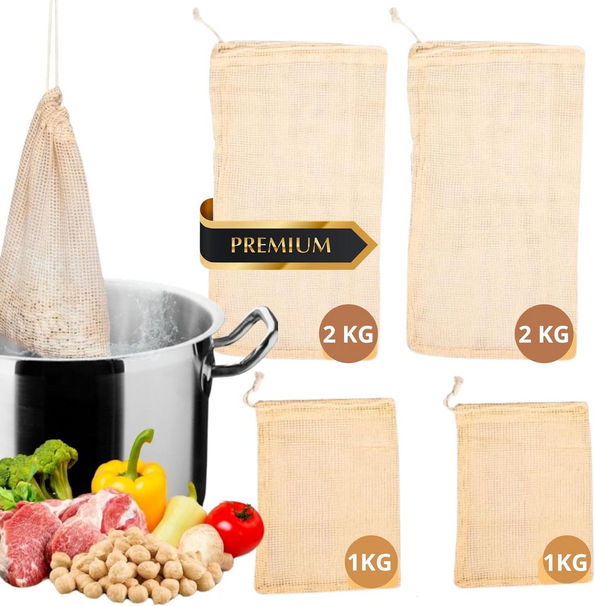 Set van 4 Kooknetten voor Peulvruchten en Groenten - 1kg en 2kg Capaciteit