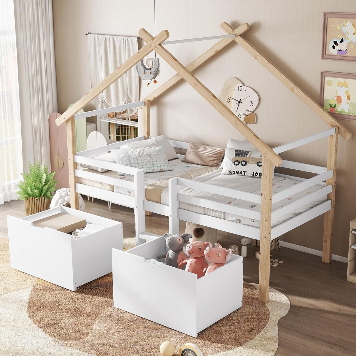 Kinder Cabin Bed 90x200 cm met Dak, Traphekje, Vierzijdige Ombouw en Opbergruimte