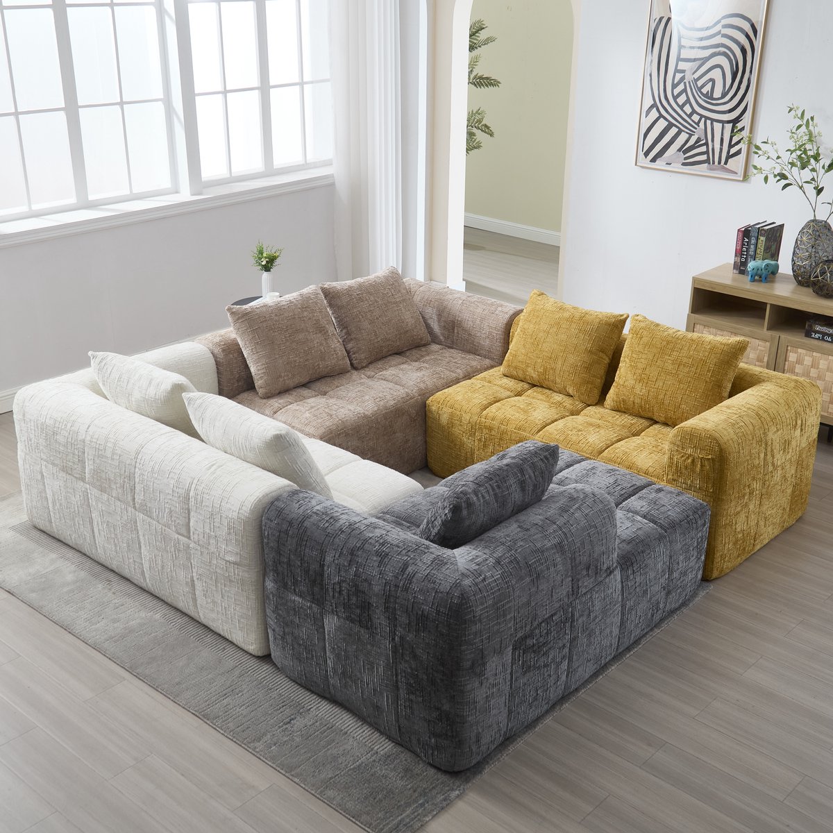 HAUSS SPOLE Bank - Modulaire Hoekbank - L-Vorm Chaise Longue - 3-Zits Met Zijvak & Afneembare Kussens - 250x158x60 cm - Voor Woonkamer - Chenille Khaki