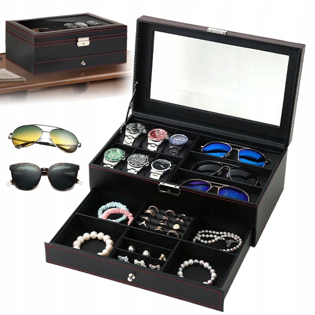 Horizenkast - Horlogekoffer - Opbergkist - Twee Laags Zwarte Horlogebox - Met Slot Glazen Deksel - Fluweel Zachte Binnenkant - Voor 6 Horloges Zonnebrillen - Ideaal Cadeau