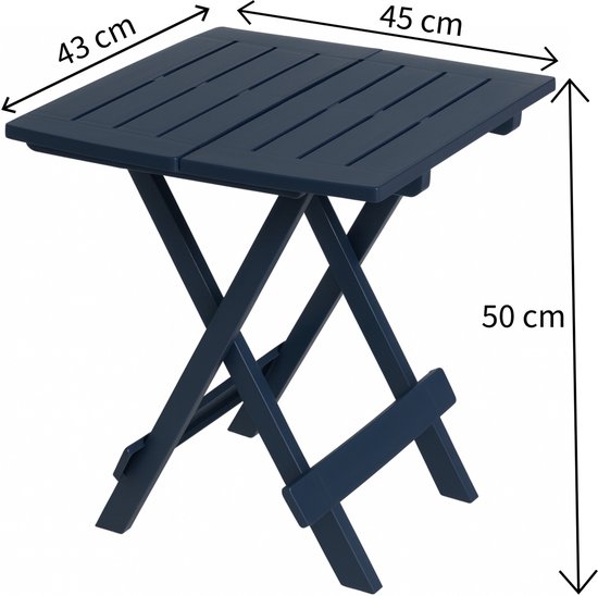 Donkerblauwe vierkante inklapbare tafel met afmetingen 43x45x50 cm.