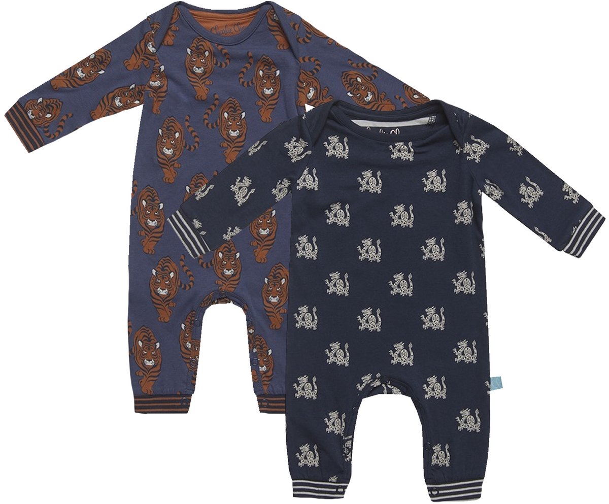 Charlie Choe - 2pack - Grijs - Navy Boxpak - Salopette - Kruippakje - Babypakje - Jumpsuit - Geboortepakje - Romper - Draken- Tijgers - Maat 62