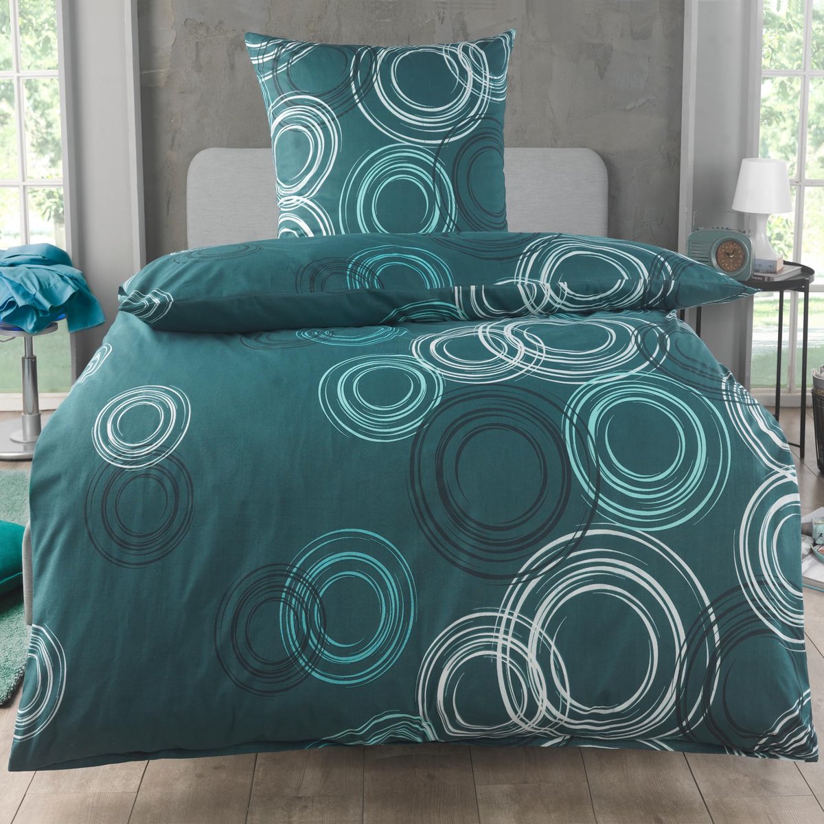Unyqoos Stijlvol Katoenen Beddengoed met Cirkelpatroon en Ritssluiting 135 x 200 cm petrol