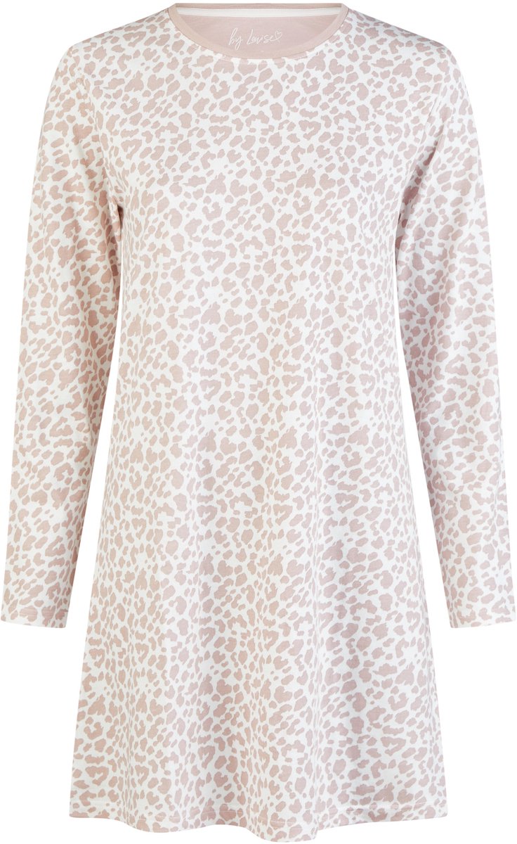 By Louise Dames Nachthemd Lange Mouw Katoen Wit/Roze Dierenprint