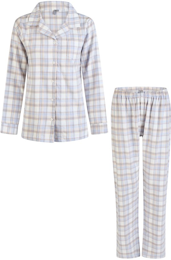 By Louise Dames Pyjama Set Flanel Lang Met Knoopsluiting Blauw/Wit Geruit - Maat M