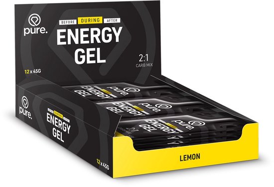 Displaydoos met 12 zakjes Pure Energy Gel lemon smaak.