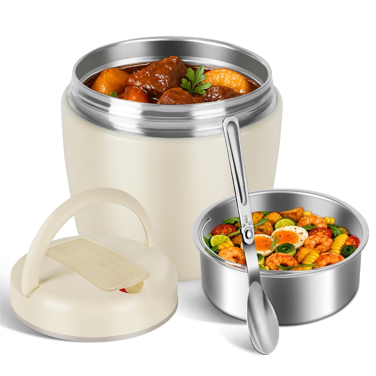 Ynkkvre - Draagbare roestvrijstalen bentobox - geïsoleerde voedselpot - voor volwassenen -lunchcontainers met brede opening - voor warme gerechten thermo-bentoboxen kom voedselcontainer kantoor thuis picknick - Wit