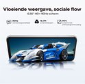 DOOGEE Note 56 Pro smartphone met 6.56 inch HD+ 90Hz scherm, toont een blauw-witte raceauto.