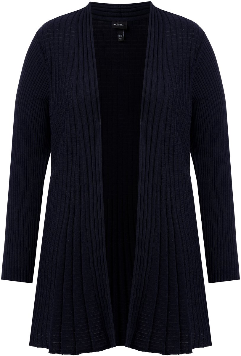 Ulla Popken - Dames - Geplooid vest A-lijn sjaalkraag lange mouwen - Donkermarine - Maat 46+