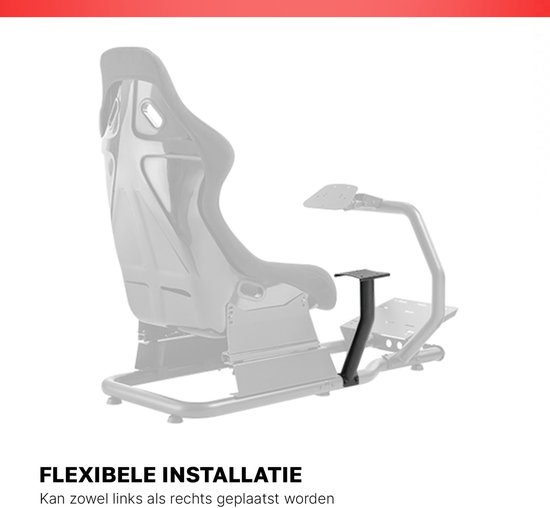 Zwart racesimulator frame met kuipstoel, met een plectrumhouder die links of rechts kan worden geplaatst.