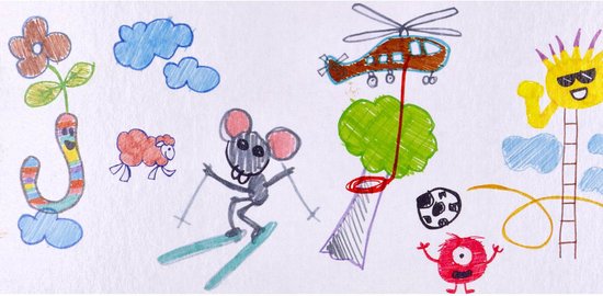 Kindertijd tekening met zon, molen, muis, schaap en andere figuren.