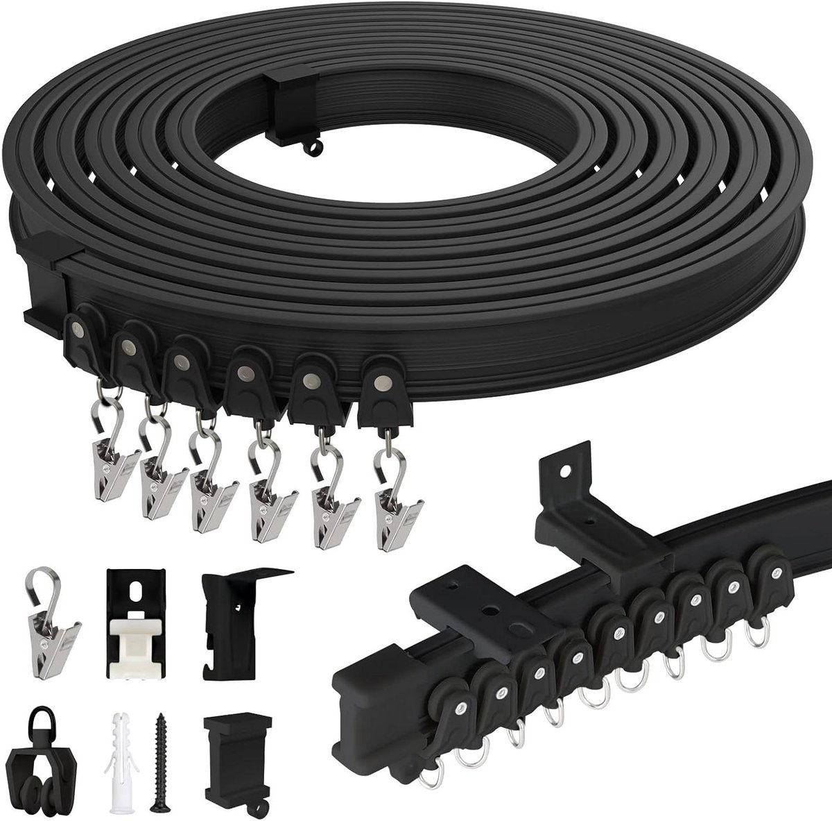 Ronte - Flexibele 10 meter ABS-rail voor plafond en muur met stille riemschijven voor ruimtescheiding, gordijnen, caravans, balkon en kantoor in zwart.