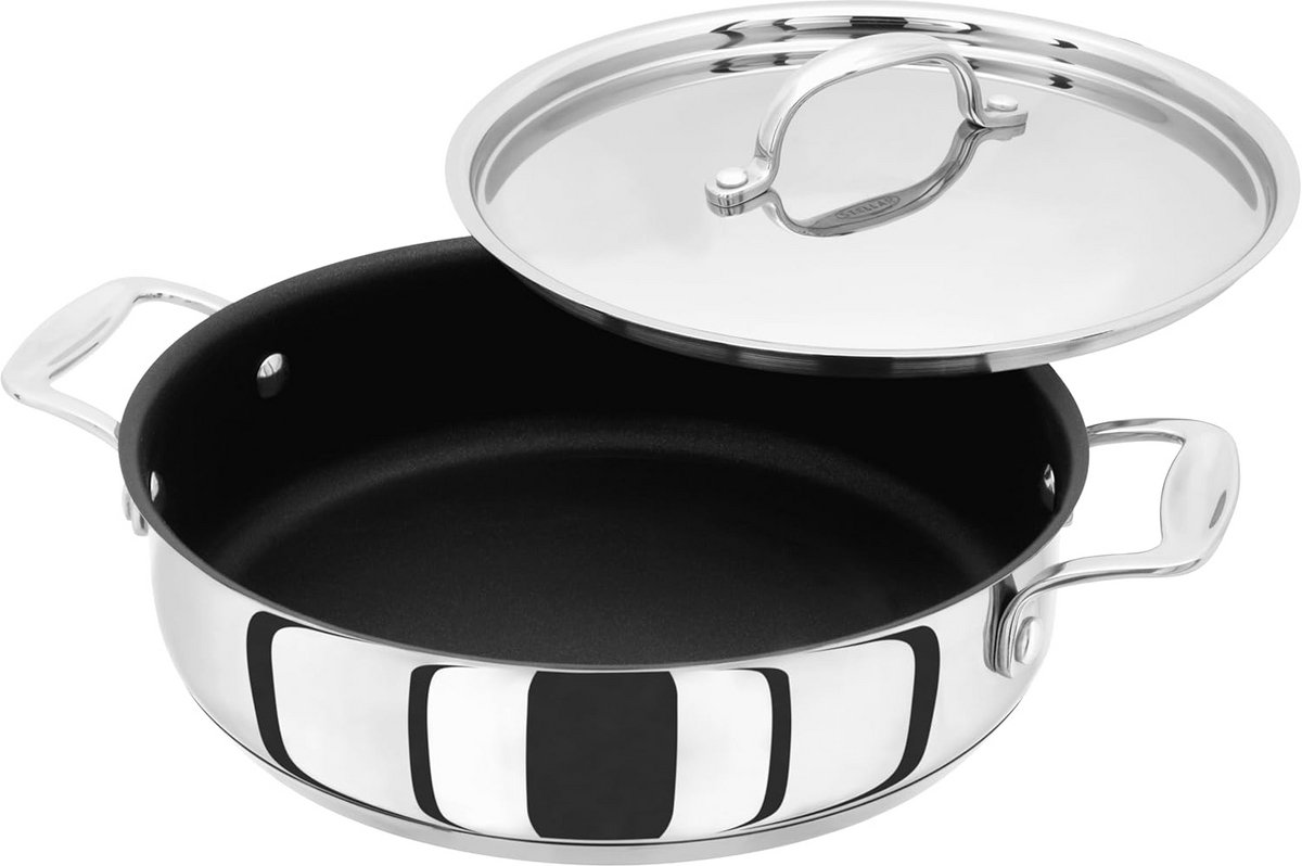 Sauteuse 24 cm met deksel en twee handvatten, roestvrij staal, anti-aanbaklaag, inductie, ovenbestendig