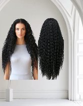 Frazimashop – Zwarte hittebestendige damespruik – Lang krullend haar – T-Lace Wig 13x1 – Hoge kwaliteit synthetisch – 75 cm
