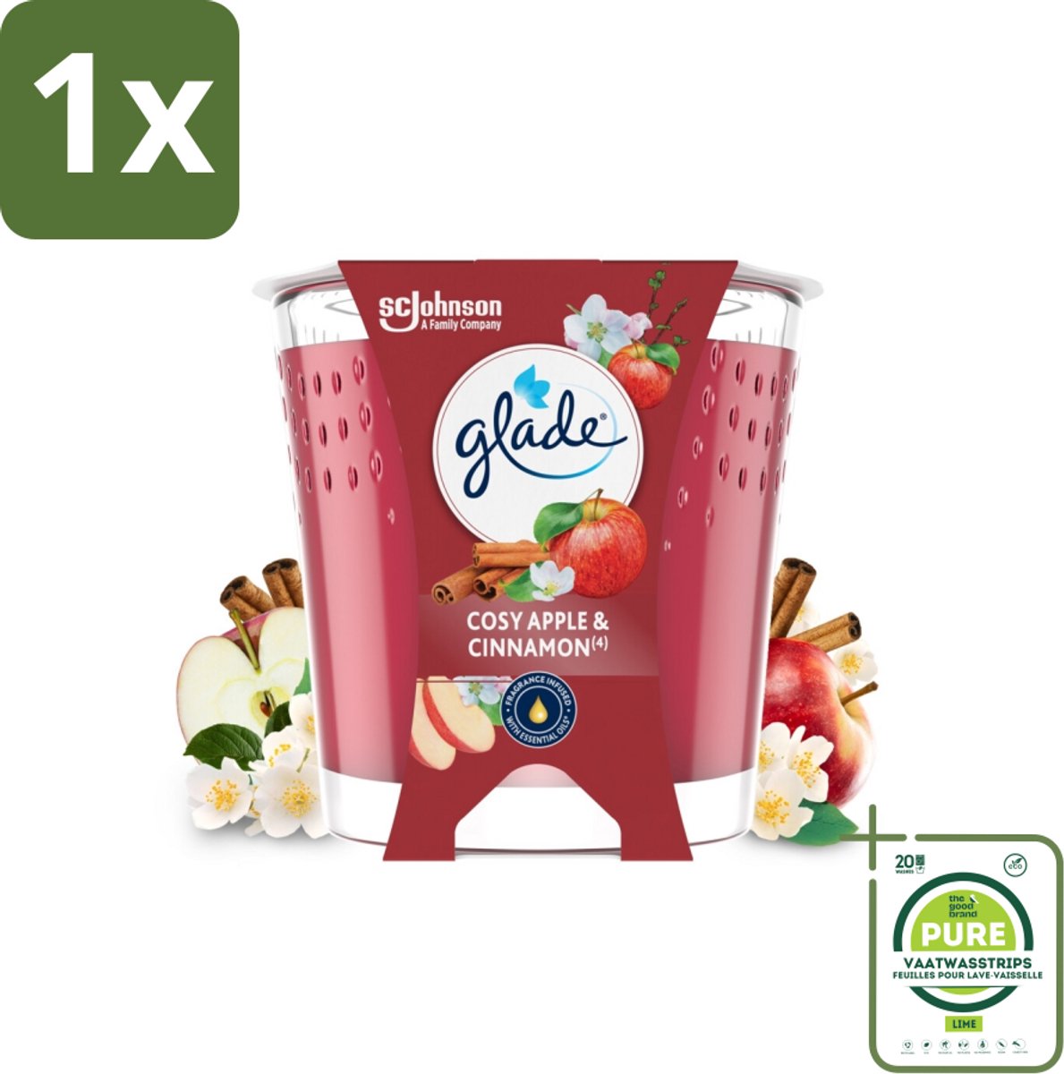 1 x Glade - Geurkaars Cosy Appel Kaneel - 100% Raapzaadwas & Vegan - 112 g - Vegan Kaars - Geurkaars Appel Kaneel - Sfeermaker - Natuurlijke Geur - Raapzaadwas