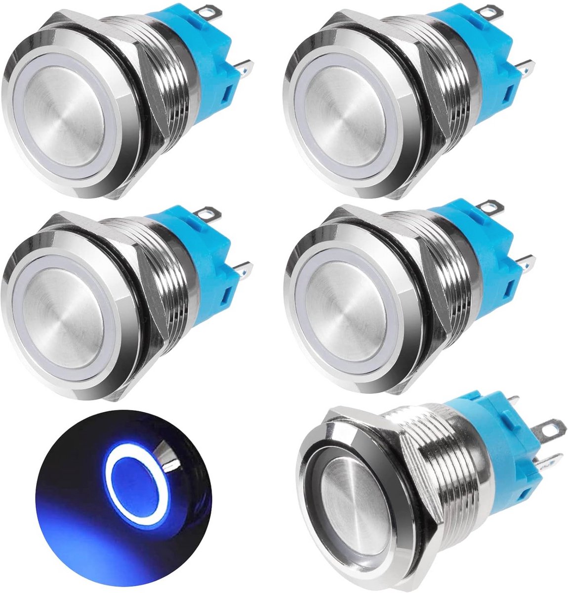 Waterdichte Drukknop met LEDlicht - 19 mm - 12V-24V - 5 Stuks