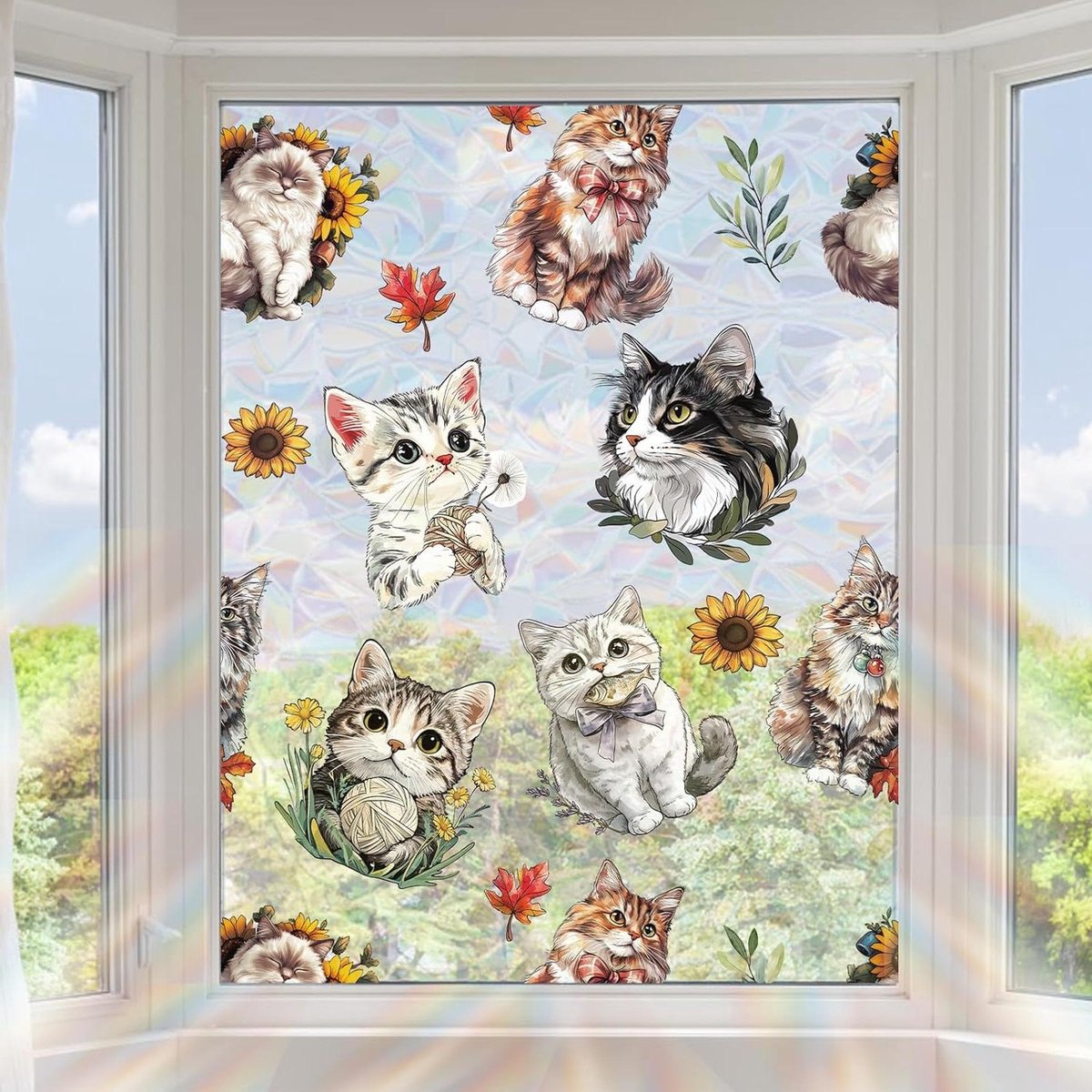 Allecta - Decoratieve Glas-in-Lood Raamfolie 100x43 cm voor Kattenliefhebbers - Schattige 3D Glassticker voor Raamprivacy en Thuisdecoratie