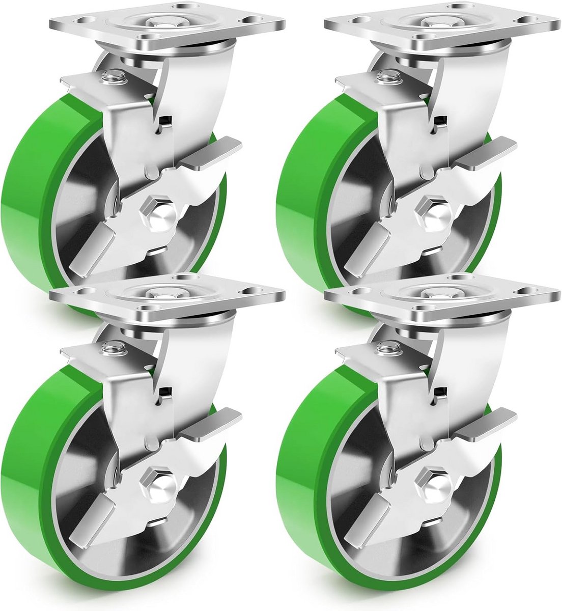 Set van 4 Zware Zwenkwielen met Rem - 2200 kg Draagvermogen - Stille PU Wielen met Aluminium Kern