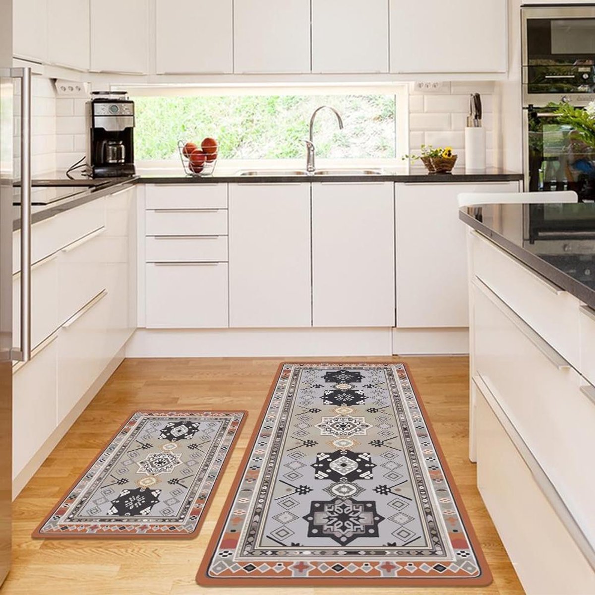 Allecta - Boho Keuken Tapijten Set met Bloem- en Geometrisch Patroon - Antislip Tapijt Voor Thuis - Gewatteerde Mat voor Entryway, Hal en Wasserij - 2 Stuks