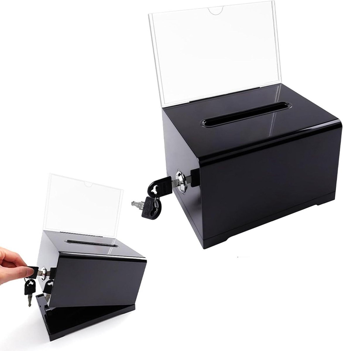 Allecta - Acryldispenser met slot en inworpgleuf, zwarte stembus, afsluitbaar - 15,7 x 11,5 x 10,2 cm - Fondsenwerving
