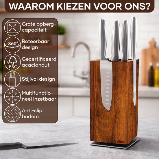 Houten messenblok met grote capaciteit, roteerbaar design en FSC-gecertificeerd acaciahout. Stijlvol en multifunctioneel.