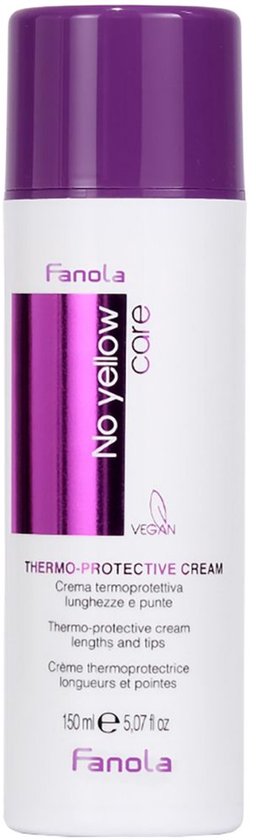Fles met paarse dop, witte body met paarse verticale streep en tekst 'No yellow care'. Thermoprotective cream.