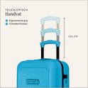 Uitsnede van de blauwe koffer met de uitschuifbare, telescopische handgreep in drie standen.