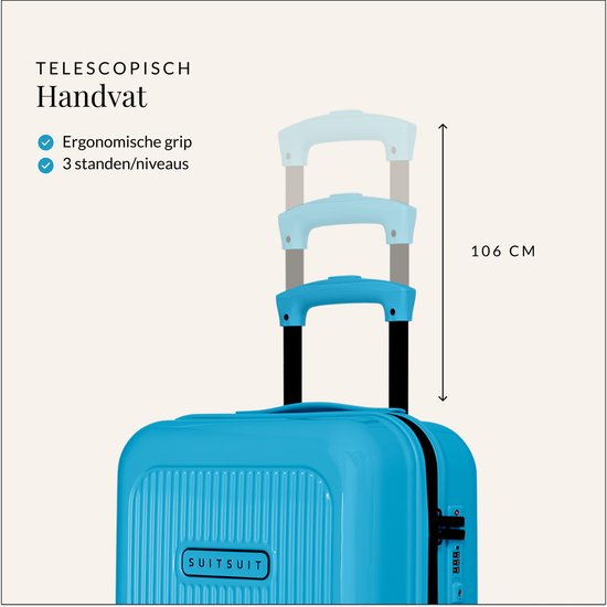 Uitsnede van de blauwe koffer met de uitschuifbare, telescopische handgreep in drie standen.