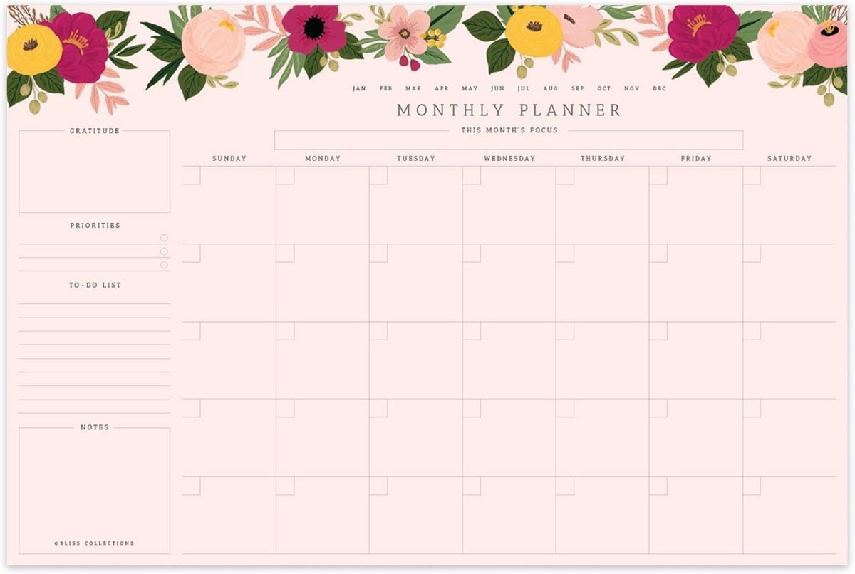 Maandelijkse planner - Kalender organizer - Doelen bijhouden - Ongedateerde vellen - A3 formaat - Roze