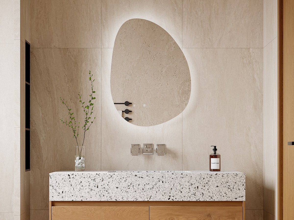 Vente-unique Verlichte asymmetrische badkamerspiegel met antibewaseming - 60 x 80 cm - INACIA