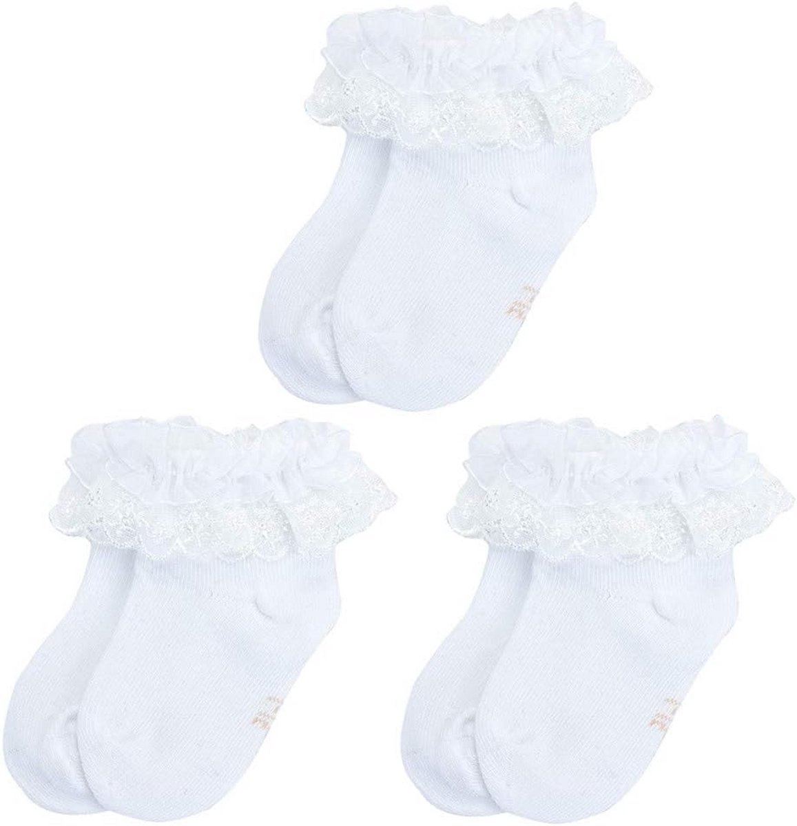 Sokken voor Babymeisjes - 3 Paar Katoenen Doopsokjes met Ruches en Kant voor 6-12 maanden