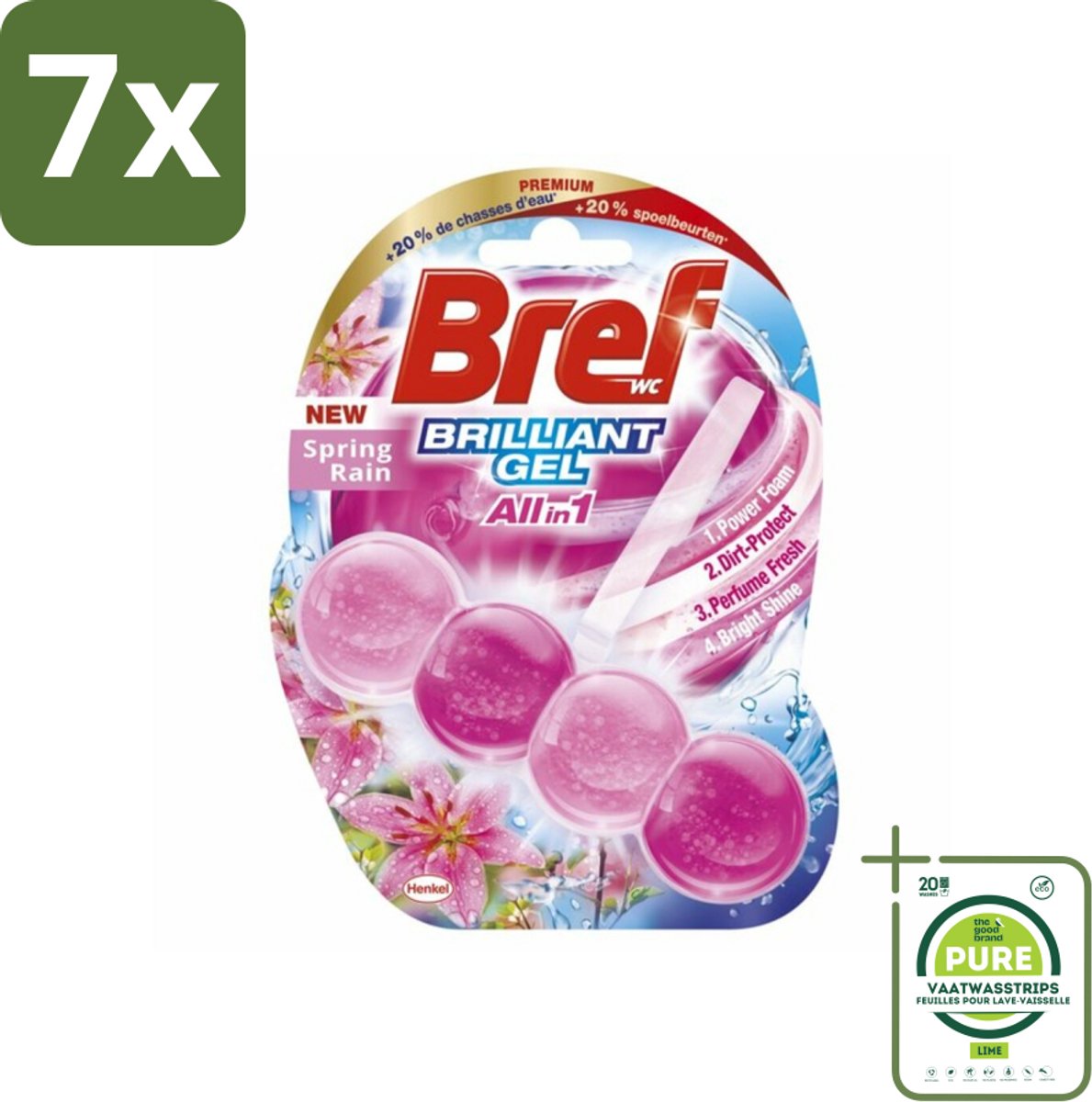 7 x Bref - Toiletblok - Brilliant Gel - Spring Rain - 42g - Grootverpakking - Toilet Reinigen - Toilet Fris - Toilet Glans - Toilet Hygiëne - Toilet Schoon