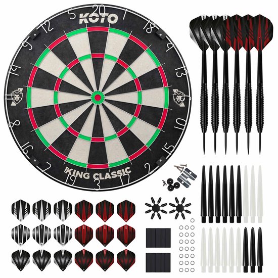 KOTO King Classic Academy Set, starterSet, hoogwaardig dartbord, inclusief 2 complete dartSets: barrels, shafts, flights