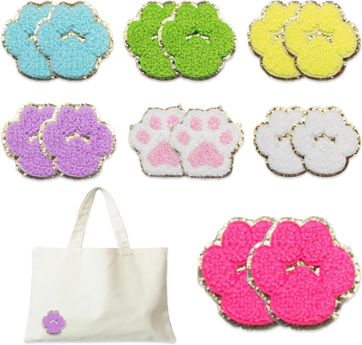 Allecta - 14 opstrijkpatches voor textiel: berenpoot, kattenpoot, applicatie voor kleding