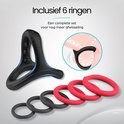 Zwarte siliconen cockring met 6 rode en zwarte ringen.