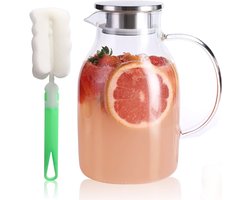 Grote glazen waterkruik met roestvrijstalen deksel en uitloop - Hittebestendige borosilicaatglas voor zonnethee, limonade, sap en warme dranken