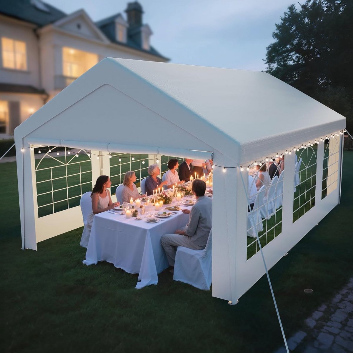 arvioo Paviljoen 4x6, maak van je tuin een feestzone, partytent met 2 zijwanden en 2 geveldelen, uv-bestendig en waterdicht, feesttent van verzinkt stalen stangen en PE-zeil (wit)