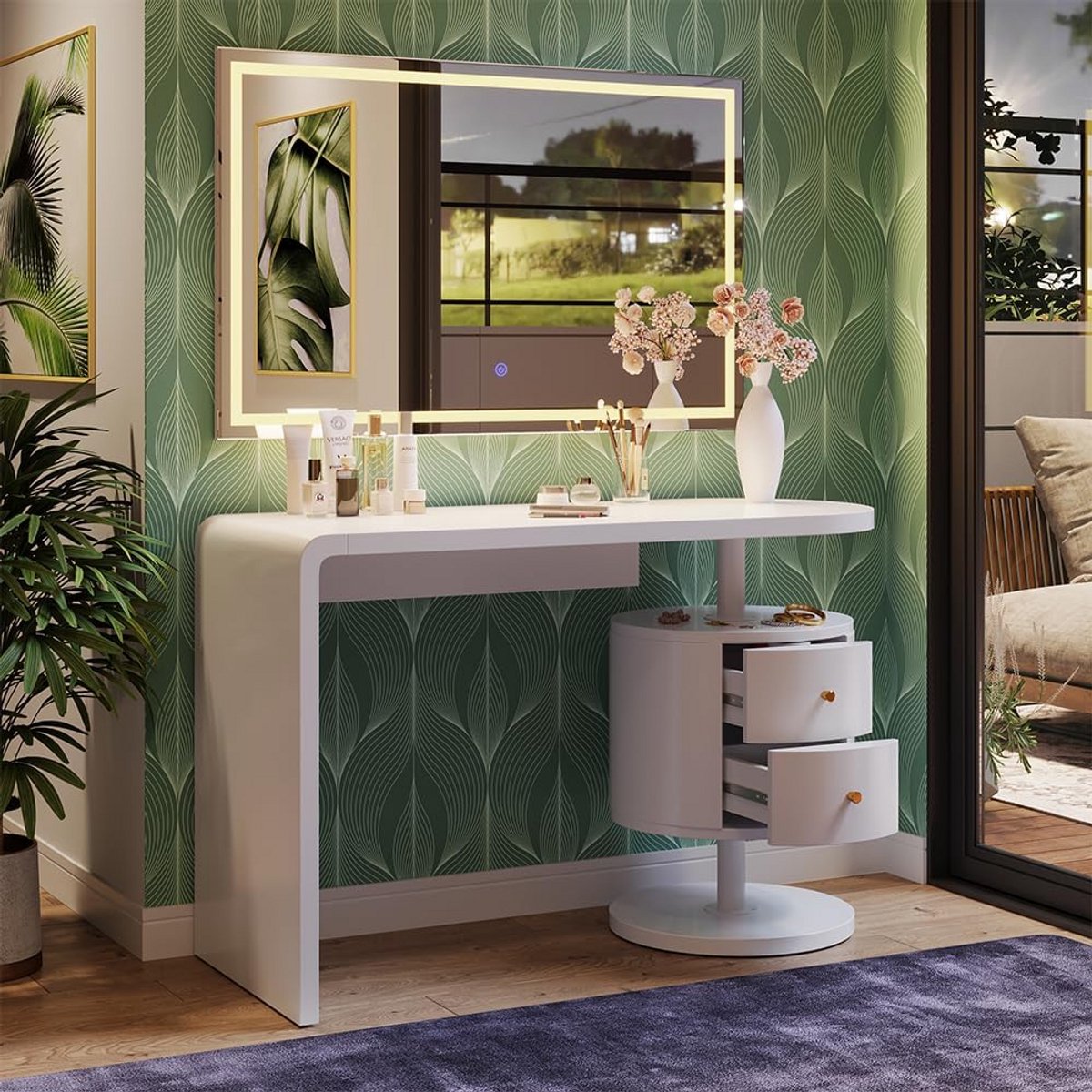 Make-up Tafel XL met LED Spiegel Wit Hoogglans 120 cm Kaptafel