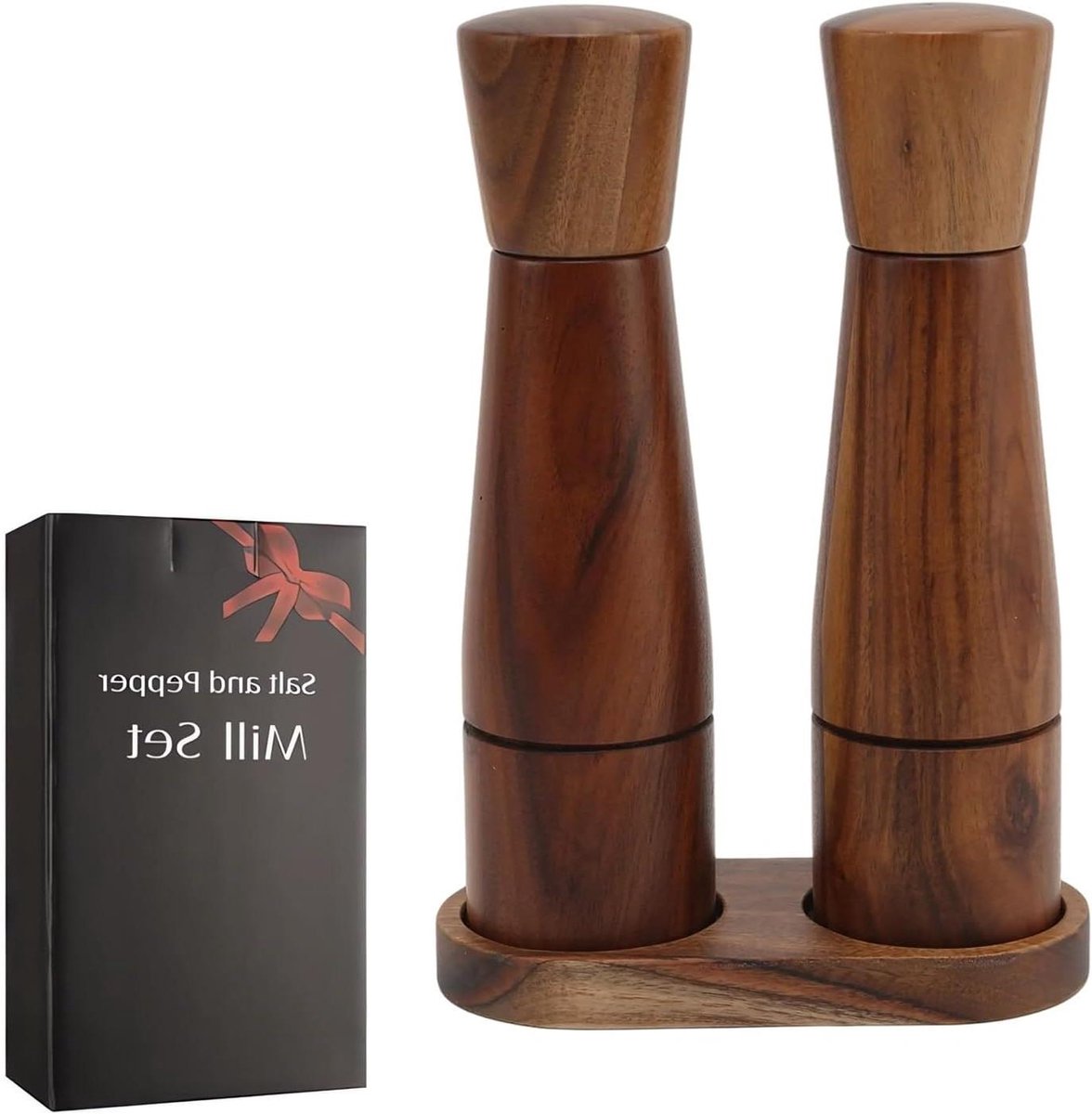 Allecta - Zout- en pepermolen set van 2 kruidenmolens met keramische molen - 20 cm - inclusief schotel - acaciahout - verstelbaar - elegant design