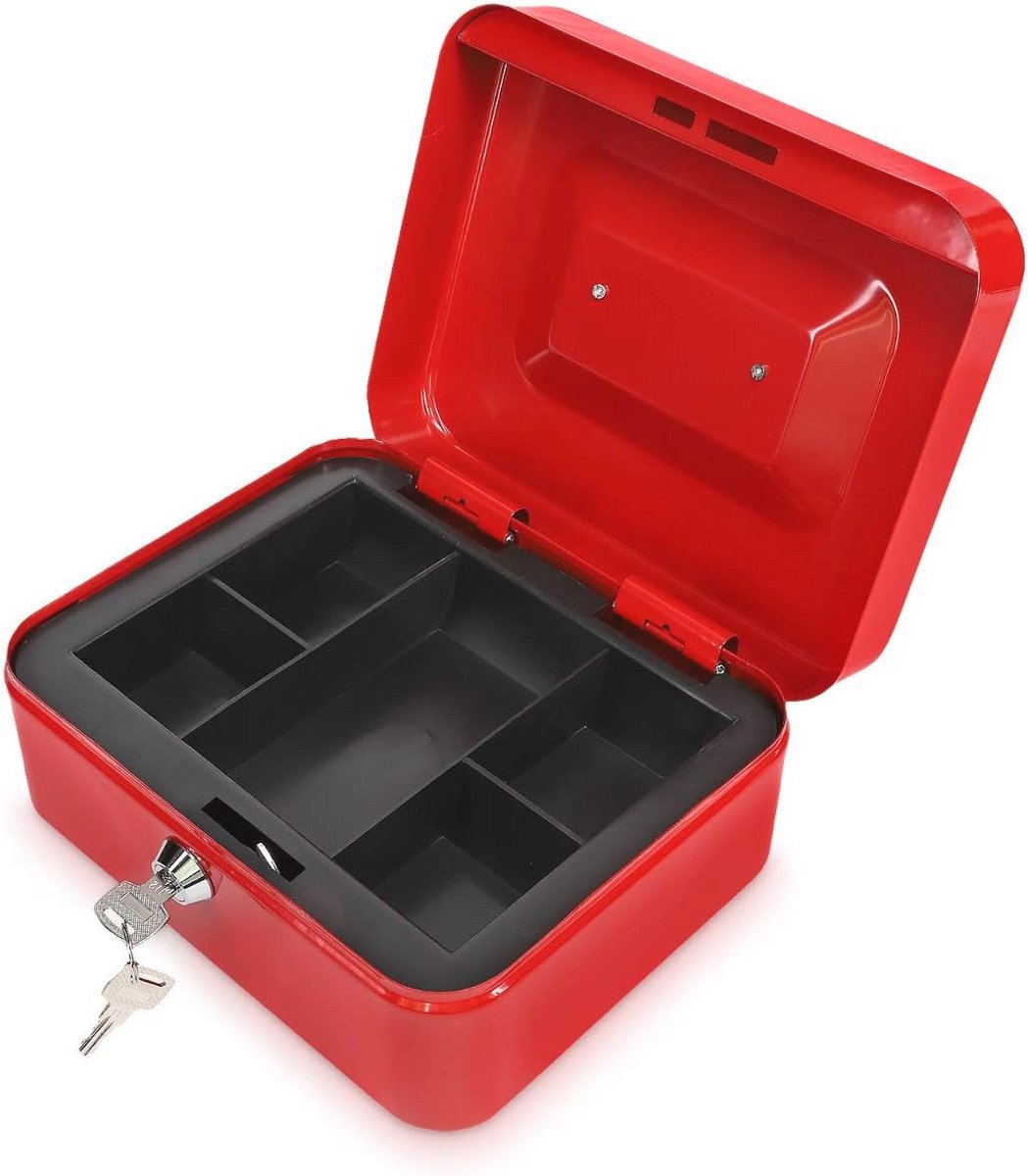 Veilig metalen kas met sleutel - Kassette voor munt- en biljetten - Met handvat en slot - Rood