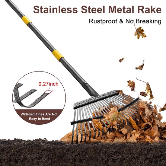 Metalen Tuinhark 6FT met Verstelbare Handgreep - Hark voor Bladeren en Gazons met 25 Metalen Tanden - Zware Tuinbladhark voor Effectief Tuinieren — afbeelding 3