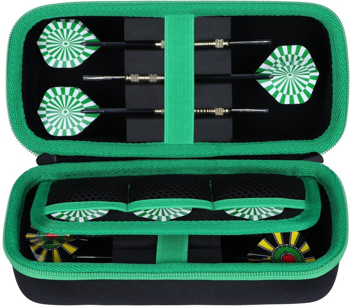 Lebakort Hard case dart case for steel darts or soft tip darts, built-in storage tubes and pockets for flights, points, shafts, black/green., Für 6 Darts, Bag for 6 darts