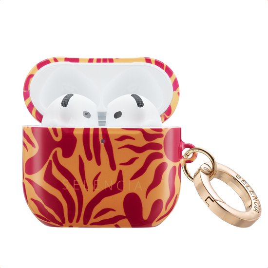Étui AirPods Pro imprimé léopard orange et rouge, avec mousqueton doré.