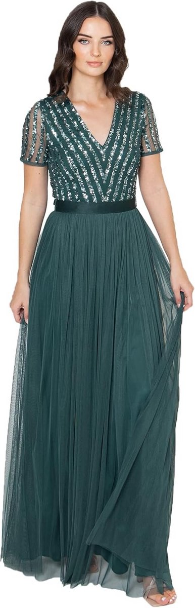 Elegante Taupe Bruidsmeisjesjurk Maxi met Korte Mouw en V-hals