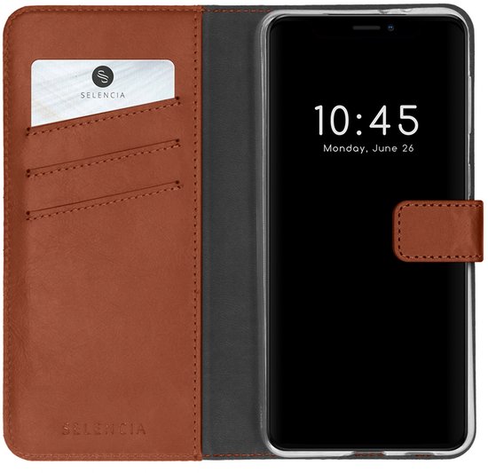 Étui portefeuille en cuir marron ouvert, avec fentes pour cartes et téléphone.