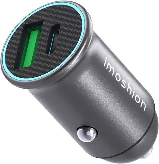 imoshion Autolader USB C & USB A - Snellader 60W - Compacte Auto Oplader - USB lader - Zwart